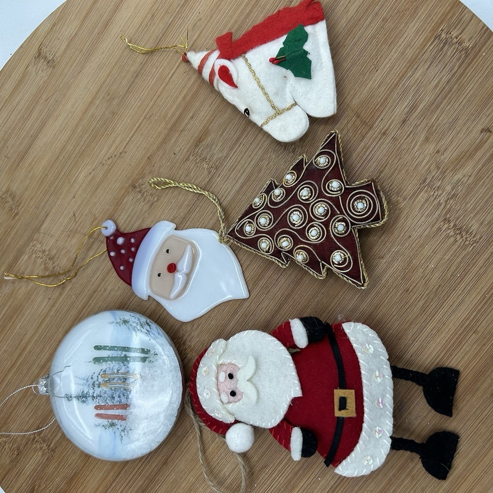 Lot Of 5 Holiday Ornaments Santa Snow Globe Felt And Sequins Horse Tree